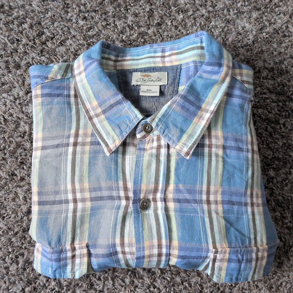 Bob Timberlake Linen Multicolor Plaid Long Sleeve Button Down Shirt 2XL Blue