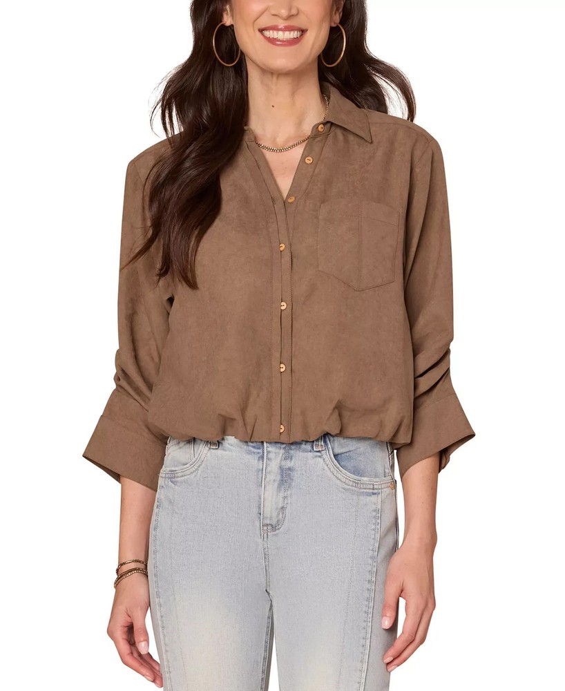Democracy Women's Top Petite PS Ruched-Sleeve Bubble-Hem Shirt