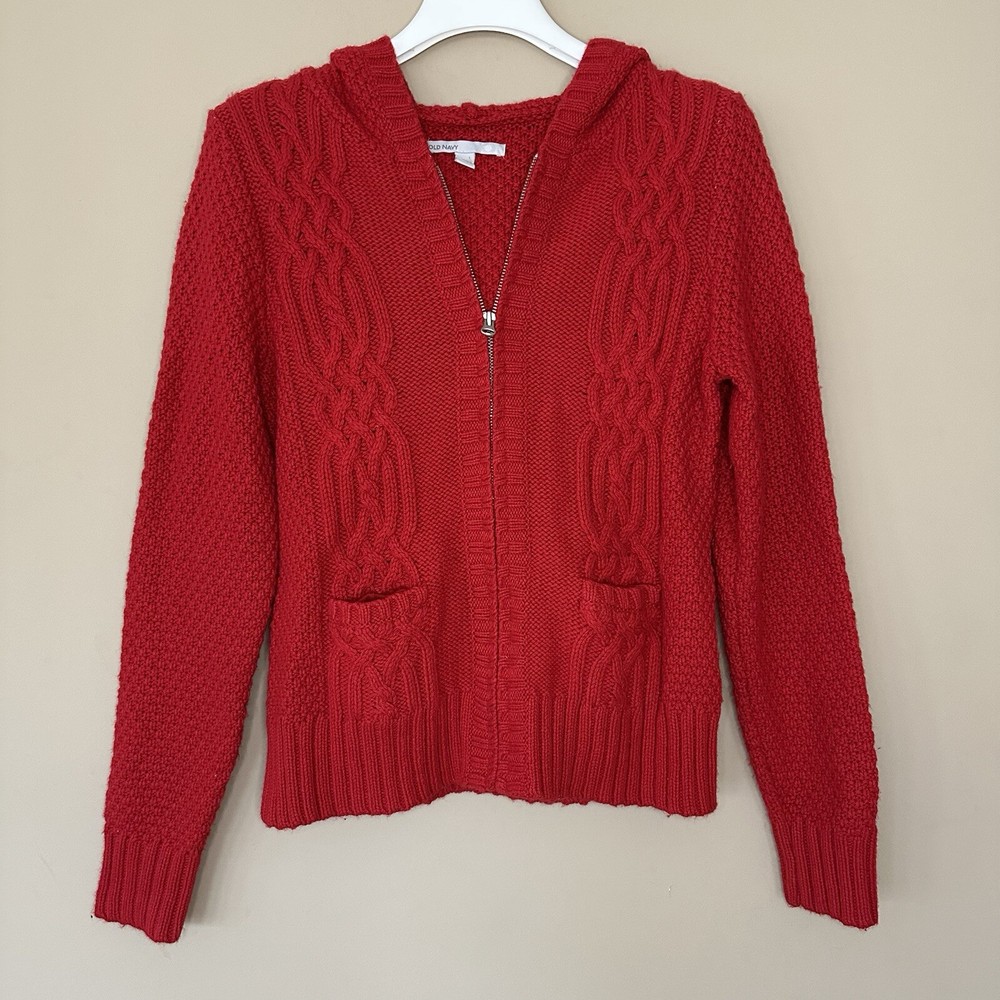 Y2K Old Navy Women L Red Sweater Cable Knit Zip Hoodie Pockets Wool Angora VTG