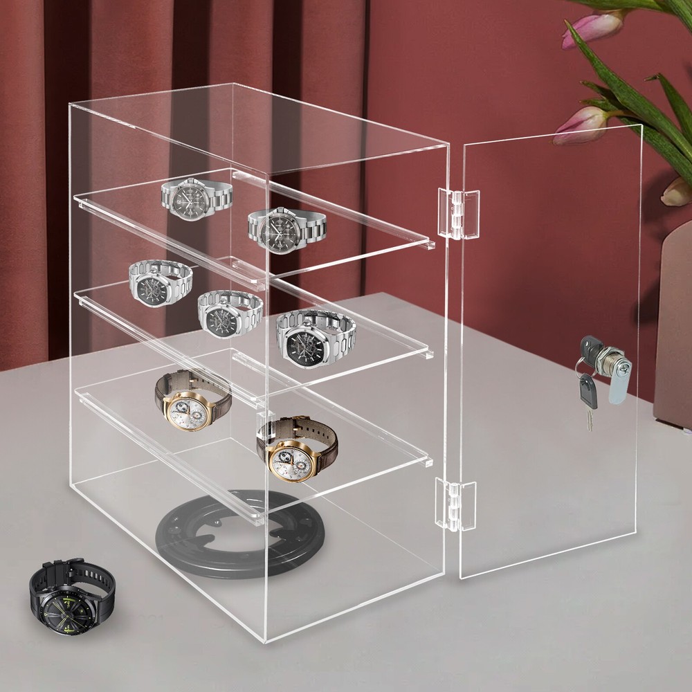 4-Tier Acrylic Display Case Clear Showcase Rotating Storage Shelf Tabletop