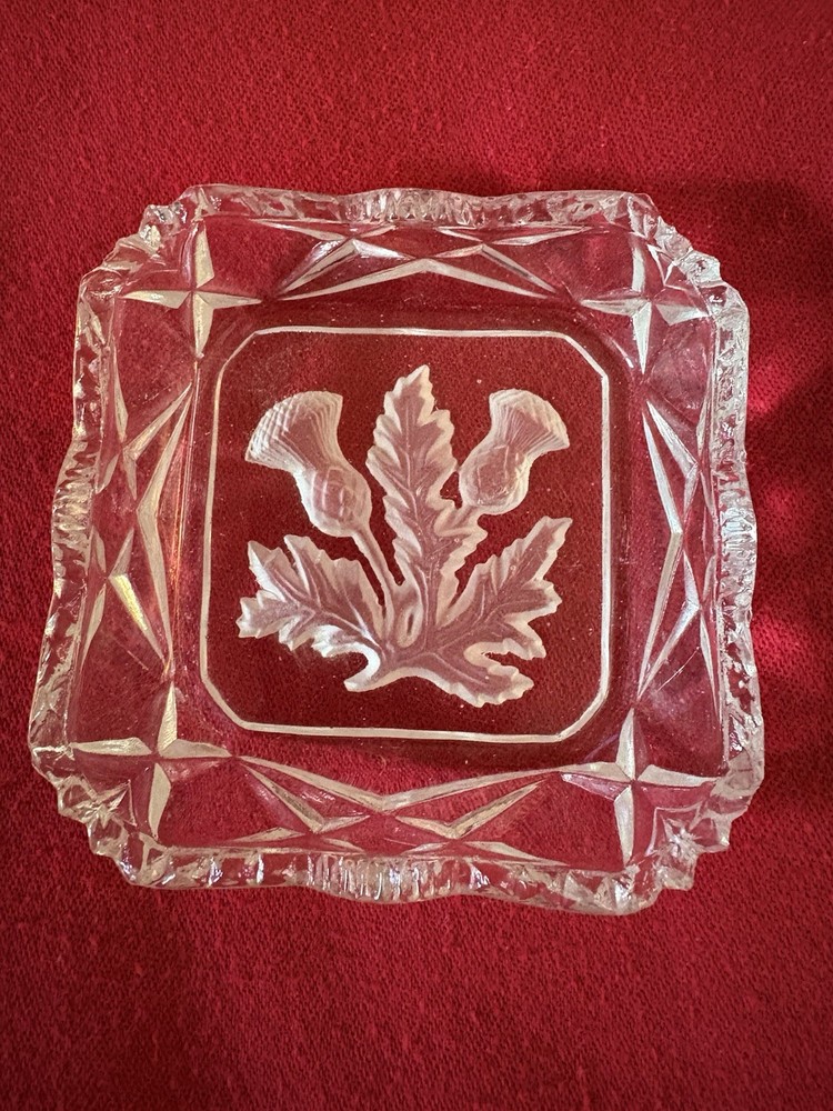 Vintage Cut Glass/Etched Scottish Thistle Butter Dish 3.5”X 3.5”