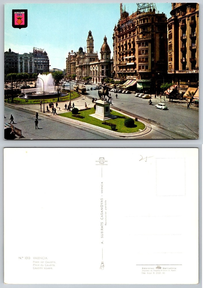 Vintage Valencia Spain Plaza del Caudillo Fountain City View Postcard