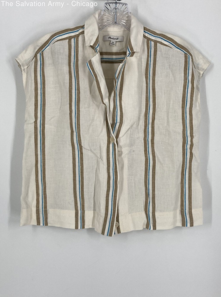 Madewell Womens Beige Striped Short Sleeve Button Front Blouse Top Size 2XS