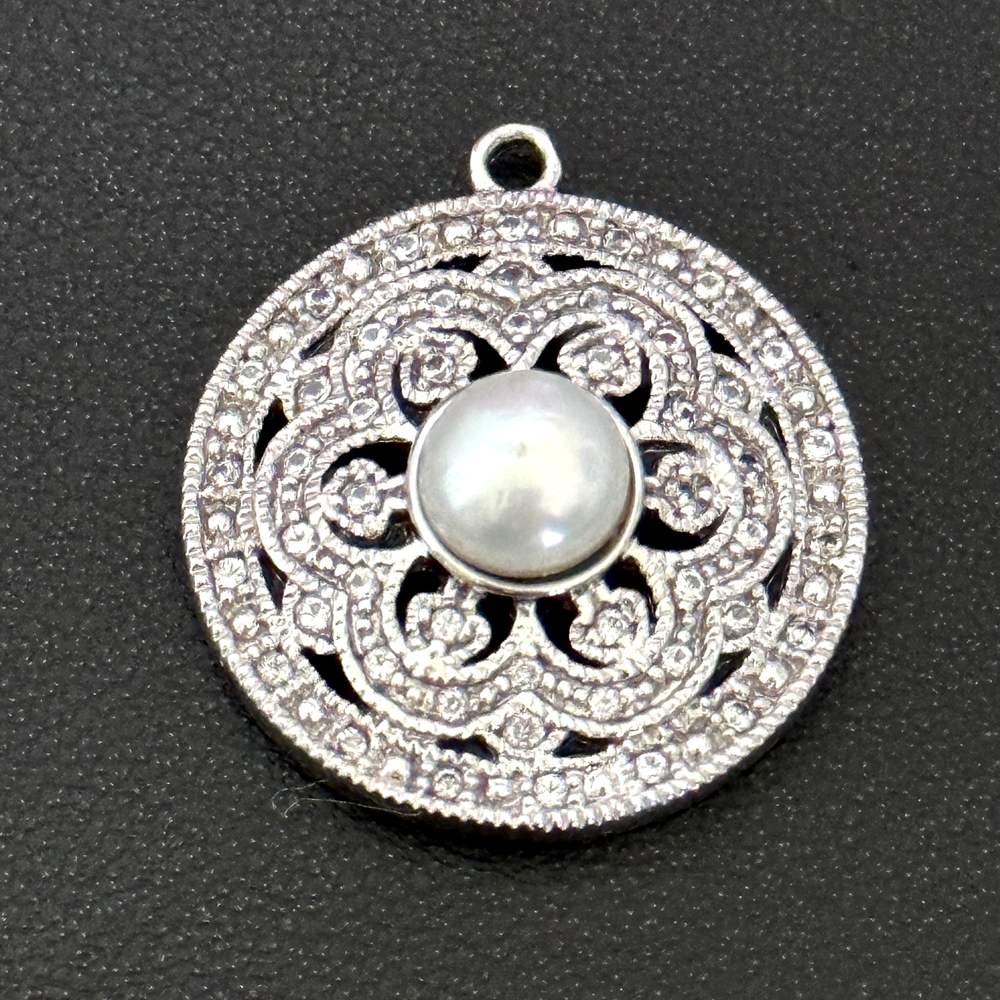 925 Sterling Silver Pearl & CZ Flower Charm Pendant  