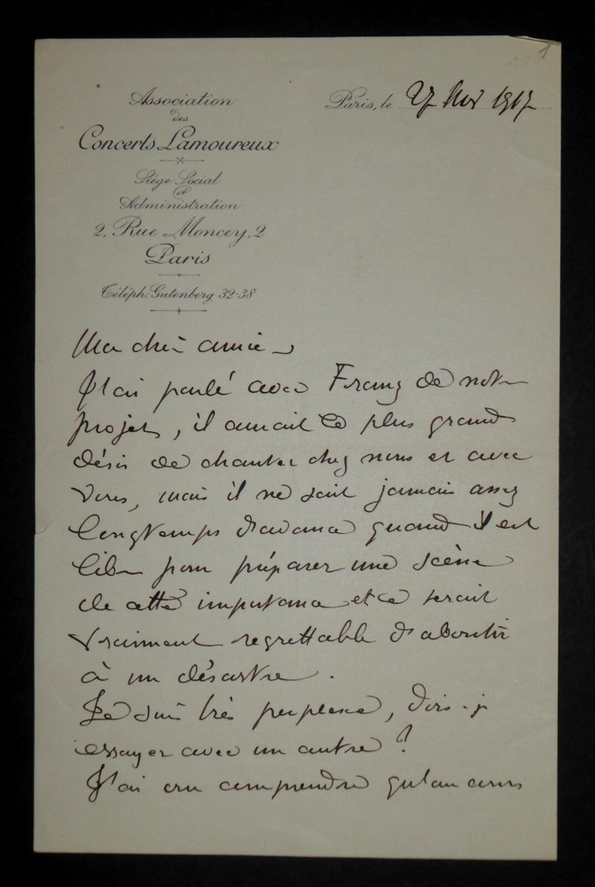 CHEVILLARD Camille - SIGNED AUTOGRAPH LETTER, CONCERTS LAMOUREUX, PARIS, 1917