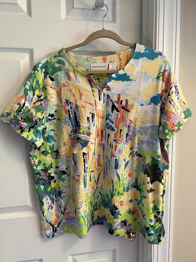 SS SHIRT - Alfred Dunner - Multi color Caribbean feel -Stretch - V-neck - XLarge