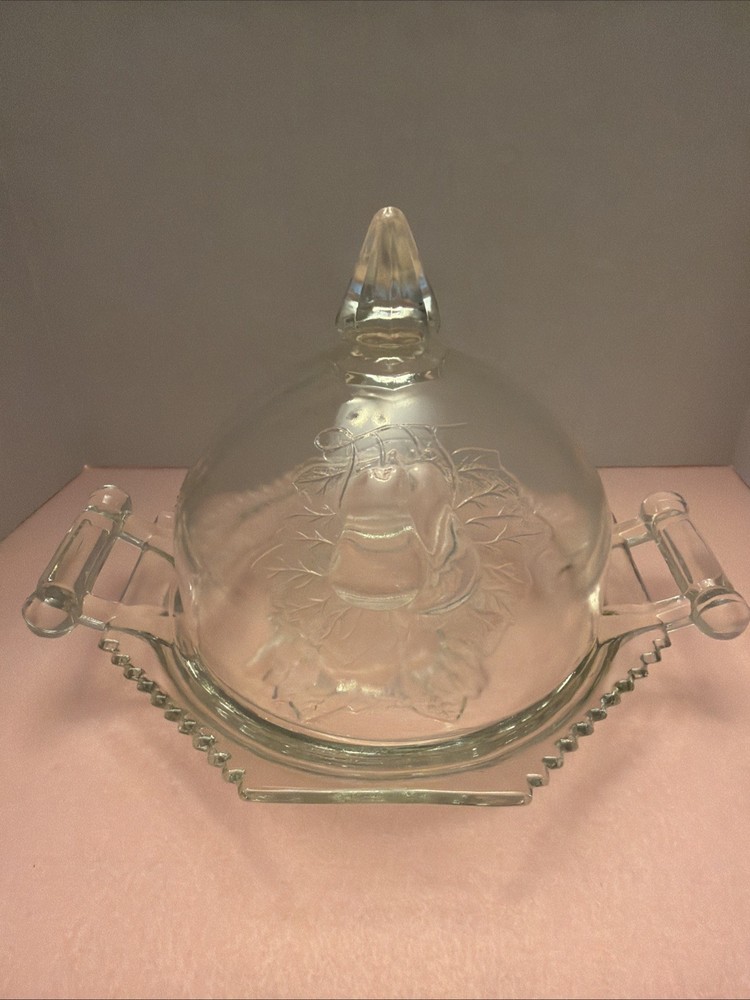 Jeanette Glass Clear Double Baltimore Pear Butter Dish Covered Depression Glass
