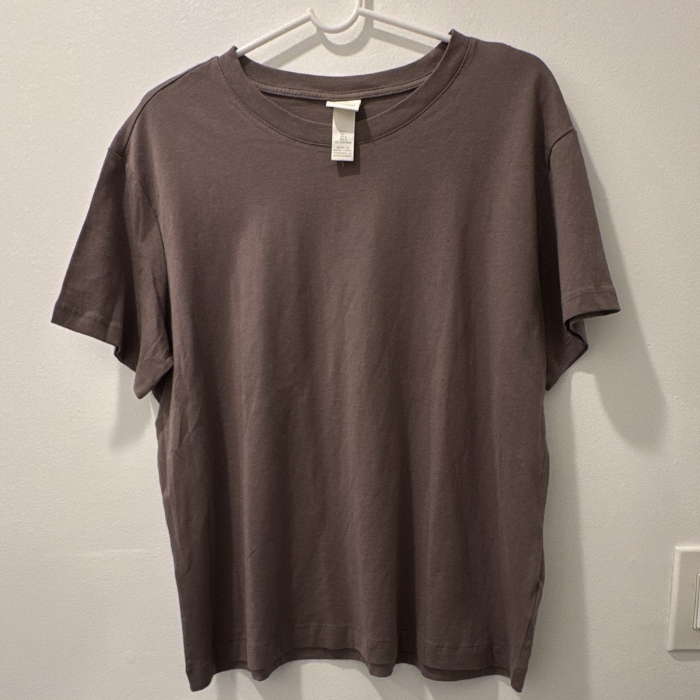 H&M Womens L Brown Solid Crew Neck Short Sleeve Basic Pullover T-Shirt