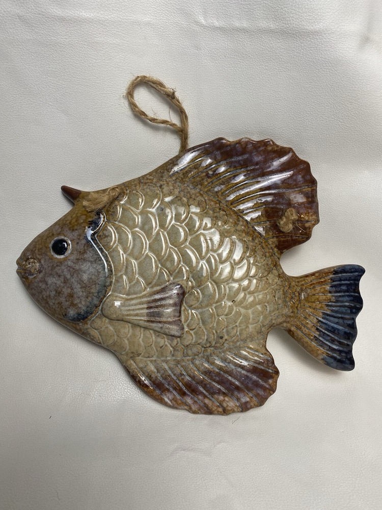 Ceramic Fish Wall Art 3-D Stoneware wall Hanging Plaque, Blues, Browns, Tans