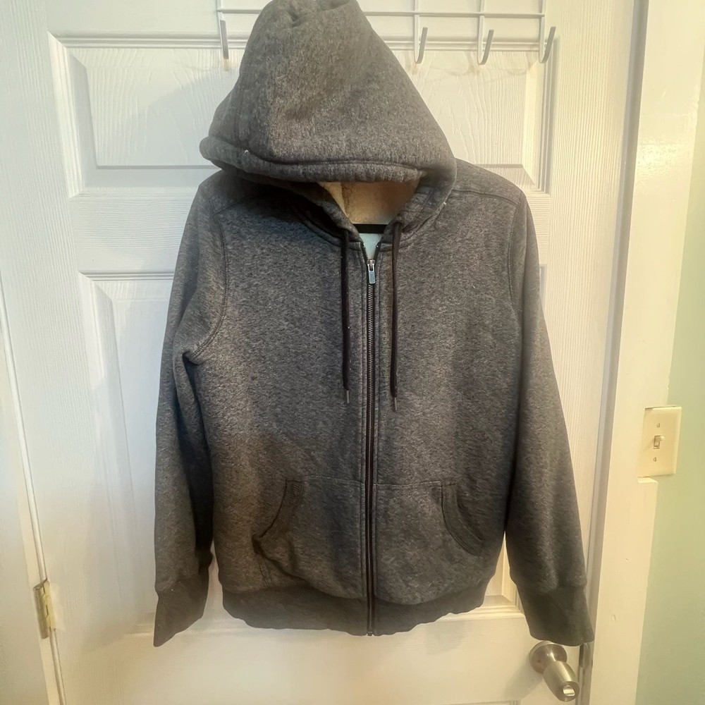 L.L.Bean Sherpa-Lined Full-Zip Hoodie Heather Charcoal Gray Size Large Cozy