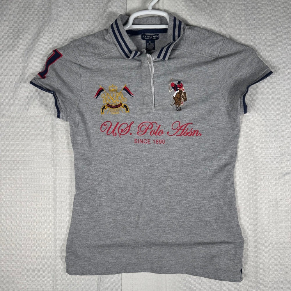 US Polo Assn Womens Grey Short Sleeve Polo Shirt Embroidered Crest Logo Size M