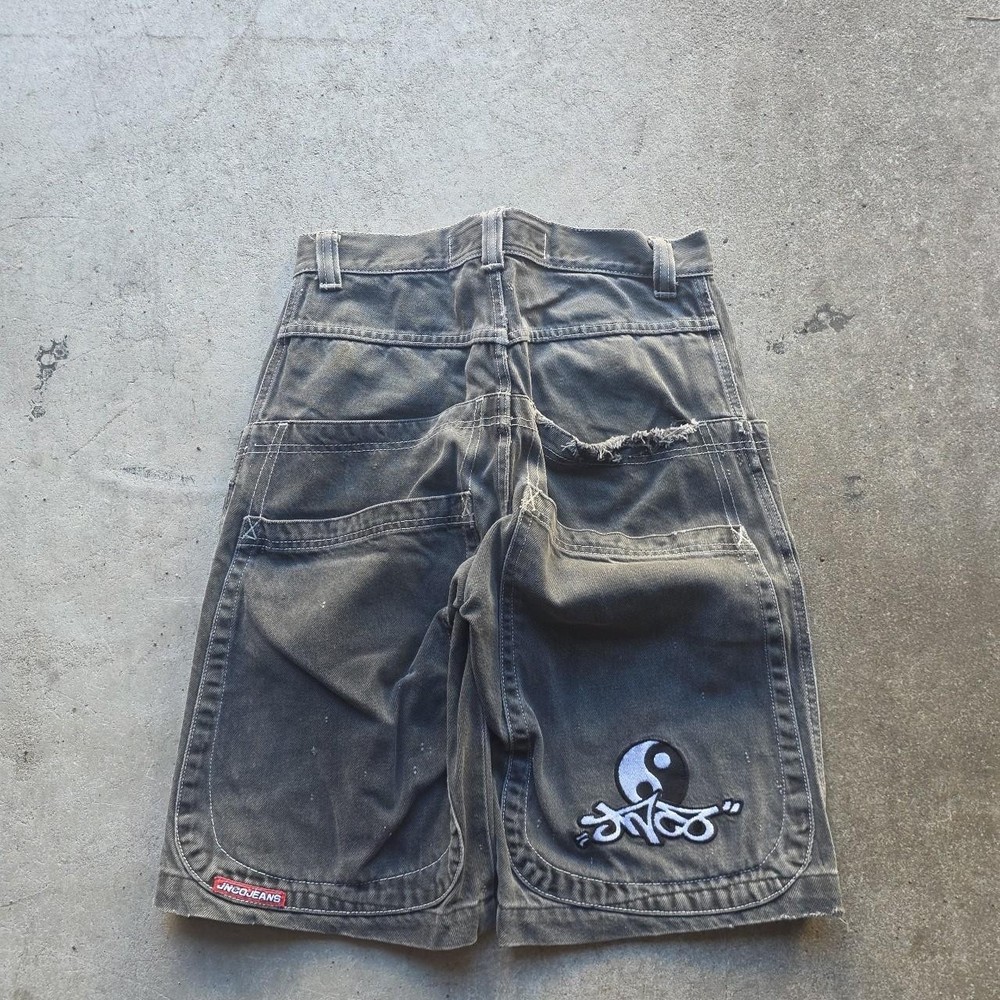 JNCO Yin Yang Denim Jean Shorts Men Vintage 90s, Baggy Wide, Embroidered
