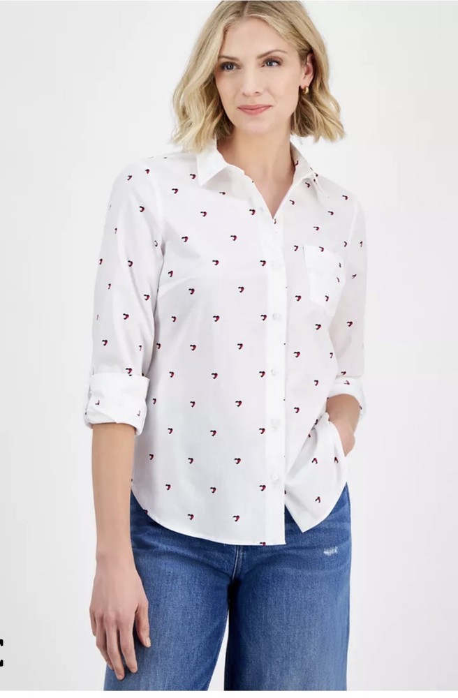 Tommy Hilfiger Women’s XS White Button Down Shirt Red Micro Print Blouse NWT