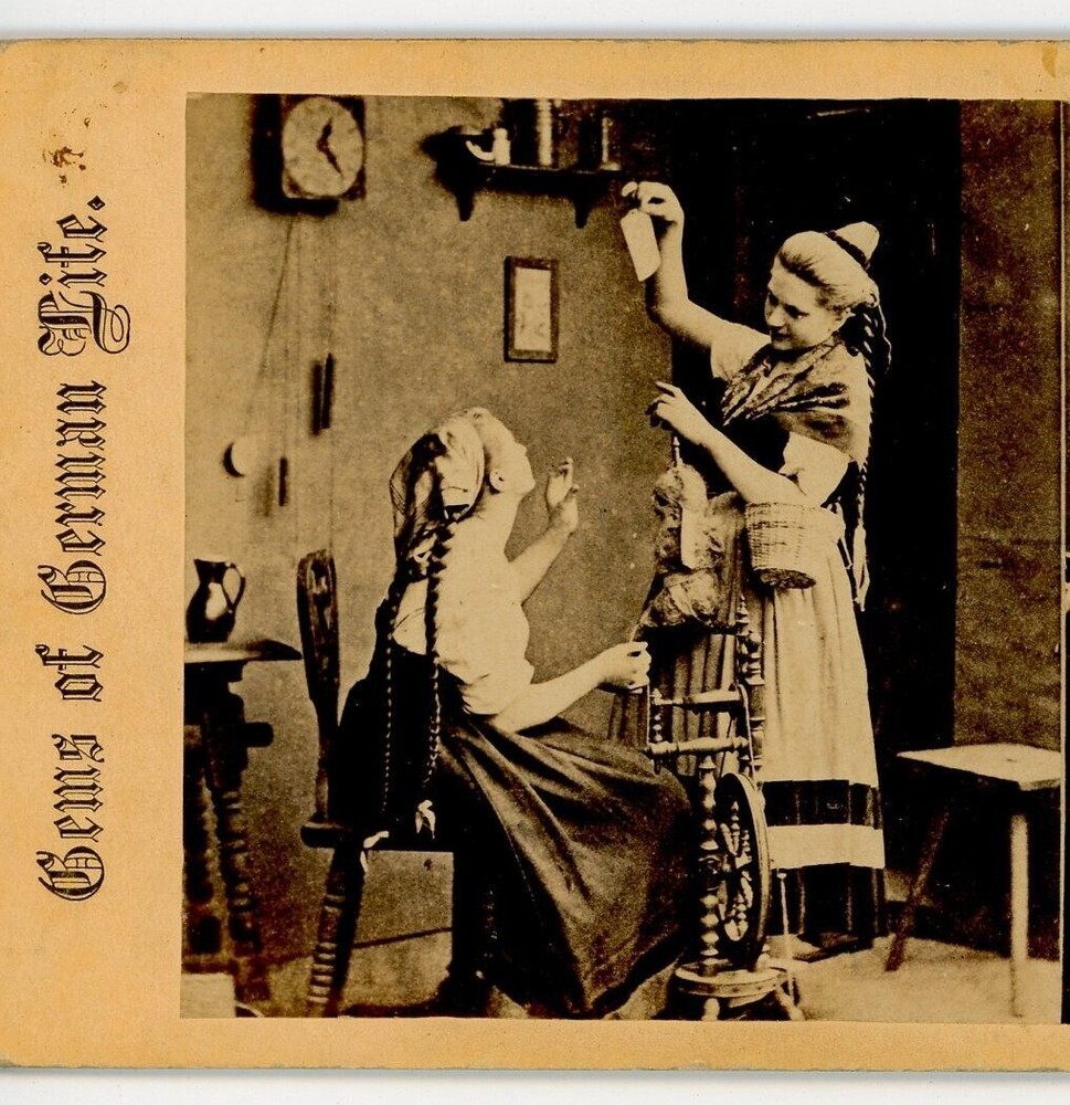 Ge,s of German Life Spinning Wheel -  Victorian Genre Stereoview