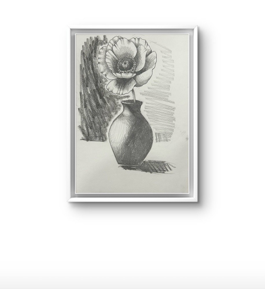 Original Charcoal Sketch Flower Vase 9x12 paper Modern Wall Art Home Decor Draw