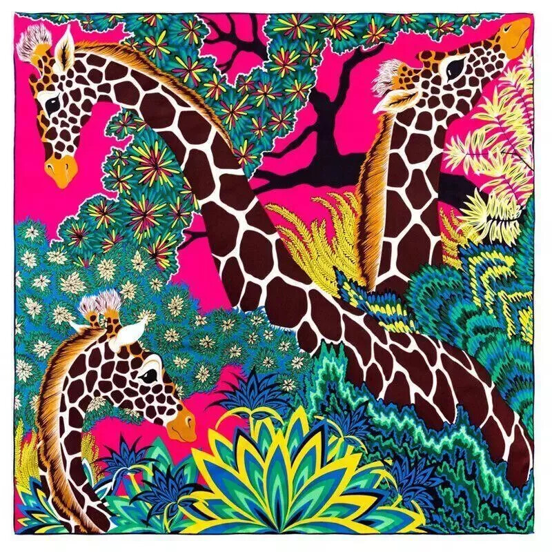 Hand Rolled Twill Silk Scarf Women 3 Giraffes Square Scarves Wrap Bandana Hijab