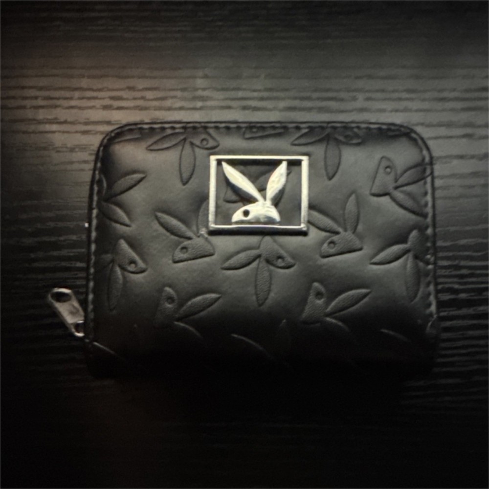 Playboy Black Zip-Around Wallet Bunny Logo Animal Print Credit Card Slots