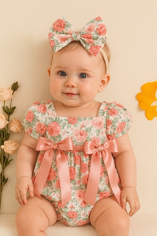 Floral Baby Romper Headband Set for 6-Month-Olds