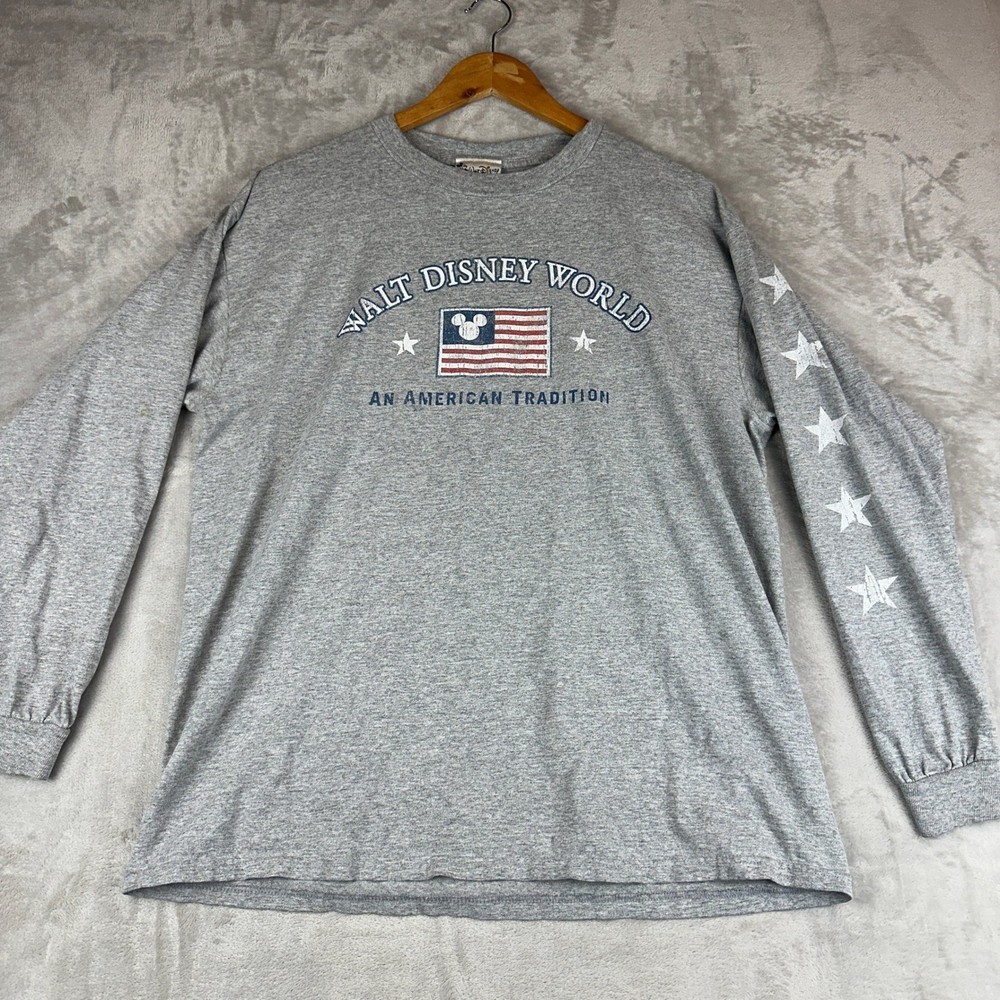 Walt Disney World Long Sleeve T Shirt American Flag Mickey Mouse Grey Size L