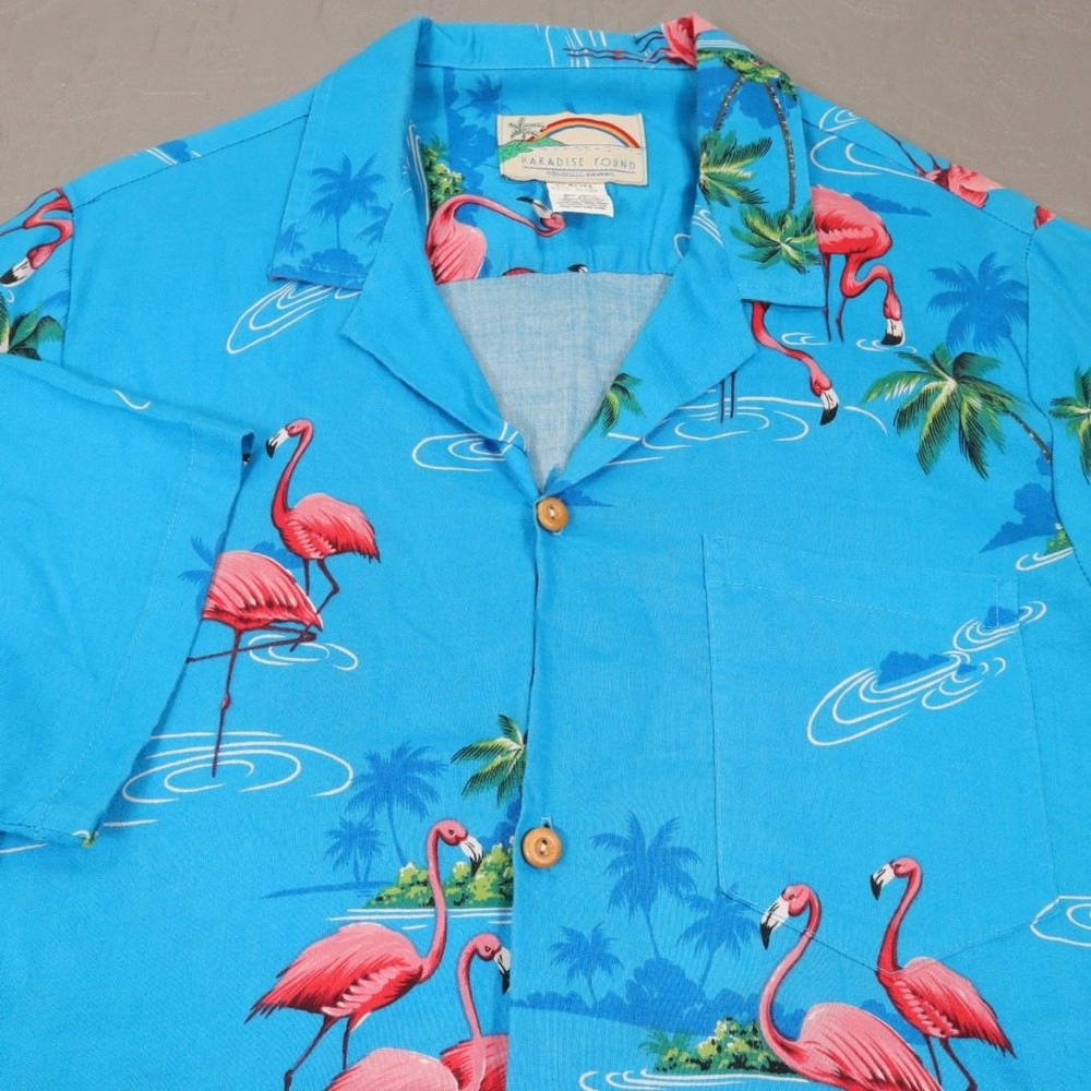 Paradise Found Hawaiian Shirt Mens Medium Blue Flamingo Short Sleeve Tropical