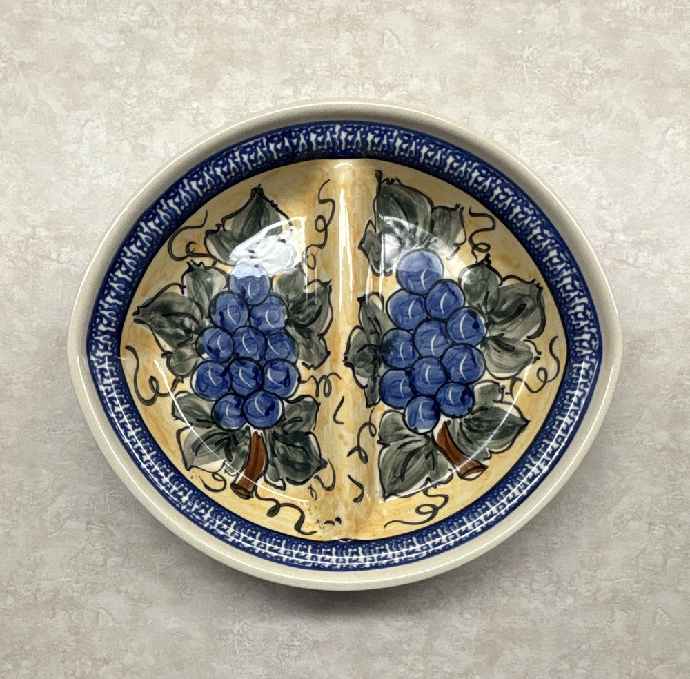 Boleslawiec Handmade Polish Pottery Divided Plate, Hand Painted Blue Grapes