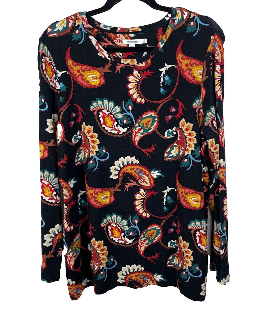 CHICO'S Tunic Top Women's XL Black Paisley Fish Long Sleeve Eclectic Art to Wear