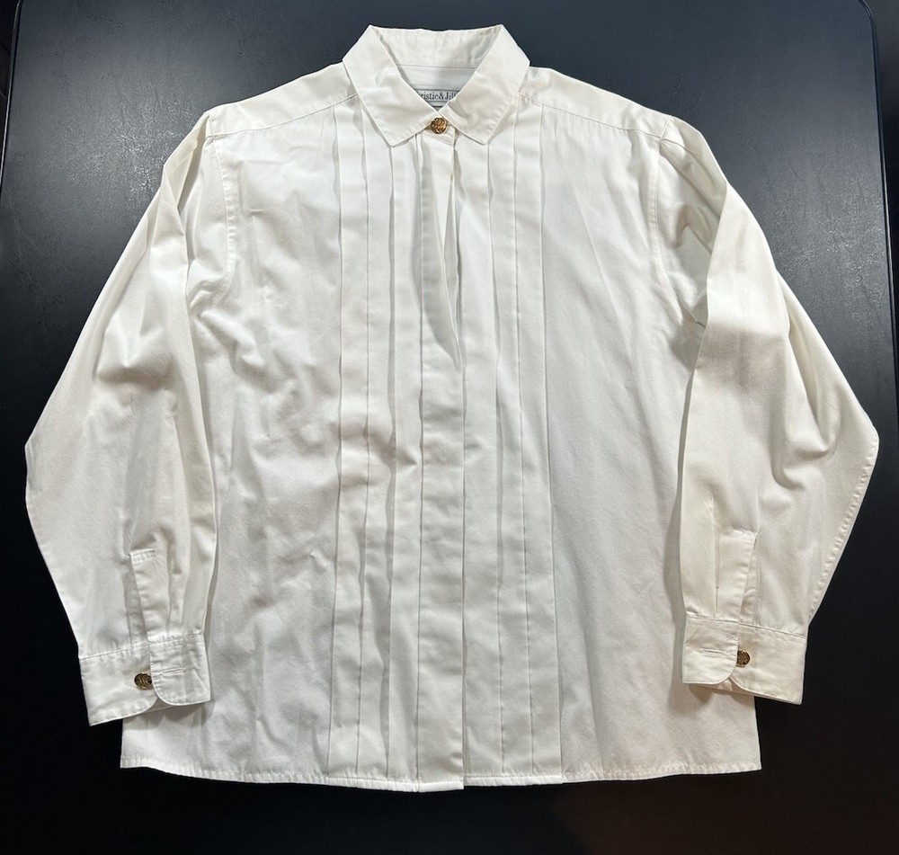 Christie & Jill Vintage White Blouse Top Size 12 Long Sleeves Pleated Front