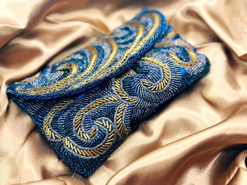 Vintage La Regale Beaded Clutch Blue Gold Evening Bag Art Deco READ