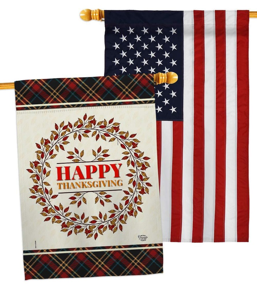 Fall Thanksgiving Wreath House Flag with Turkey Pumpkin Decor  