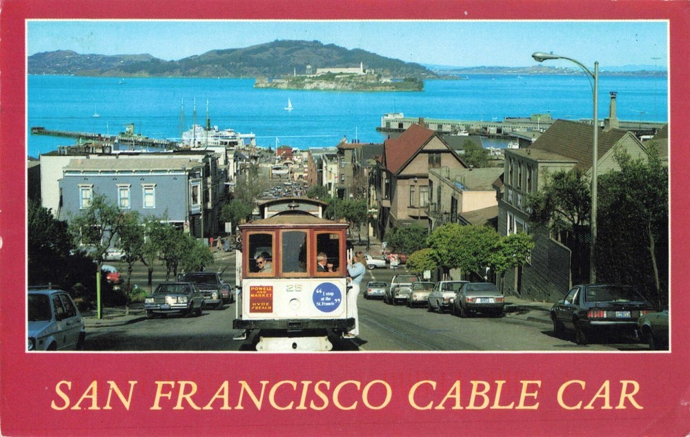 San Francisco CA, Cable Car, Hyde Street Hill, Alcatraz Island, Vintage Postcard