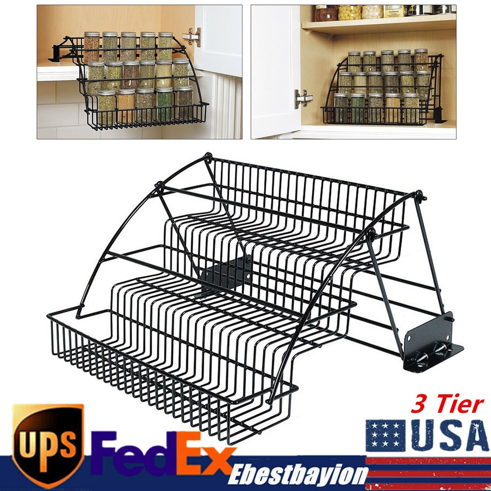 3 Tier Pull Down Spice Rack Organizer - Metal Kitchen Cabinet Storage Shelf