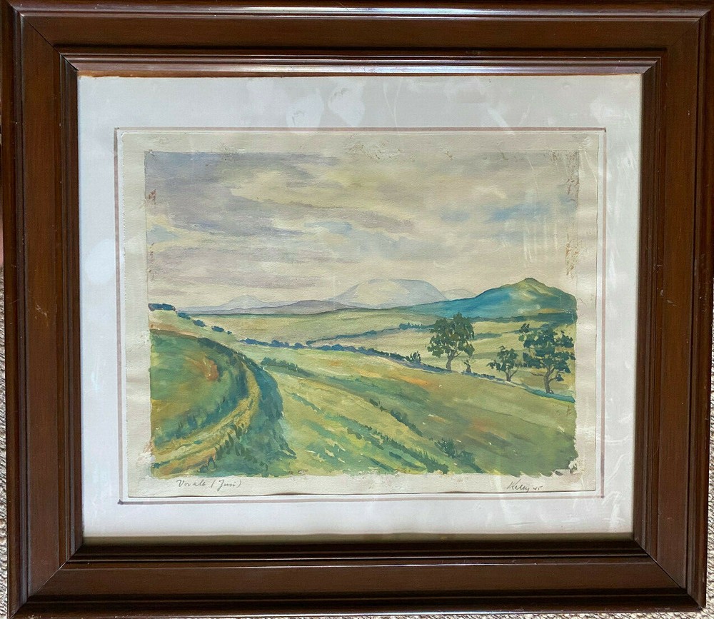 Watercolor Voralp Illegibly Signed Antique Frame Panorama View into the Country