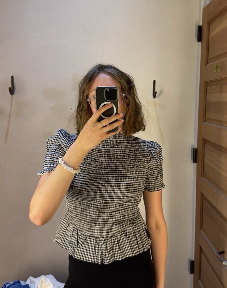 NWT Reformation Aggie Gingham Smocked Puff Sleeve Peplum Blouse Size M $168