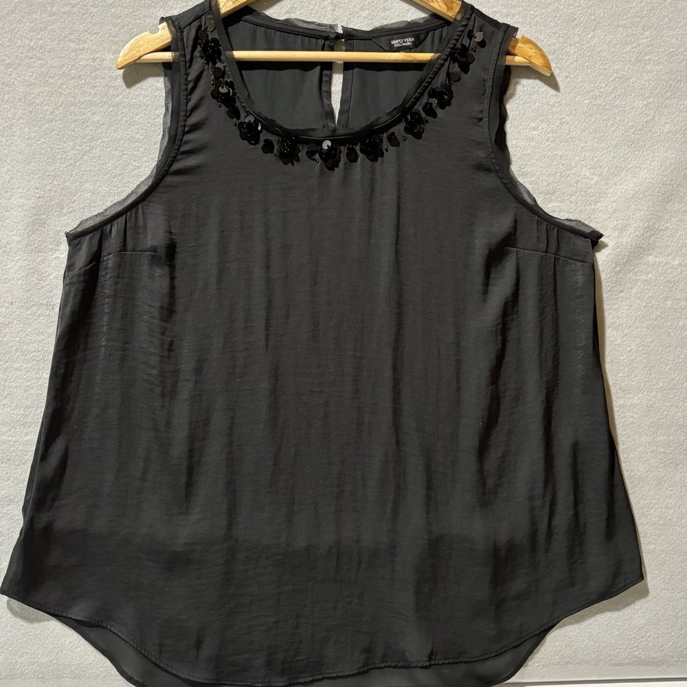SIMPLY VERA Top Women Sz XL Black Fairy Whimsygoth Embellished Neck Chiffon Tank