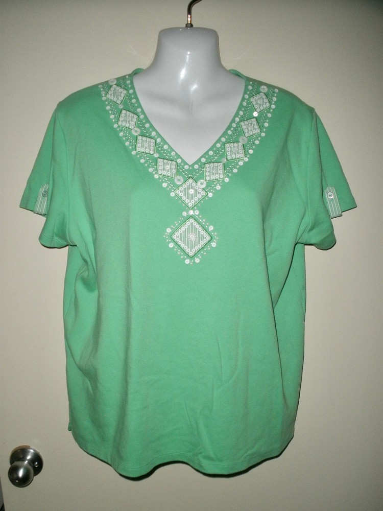 #33 Misses M shirt Alfred Dunner Stretch Knit Green Sequin Bead Embellishment