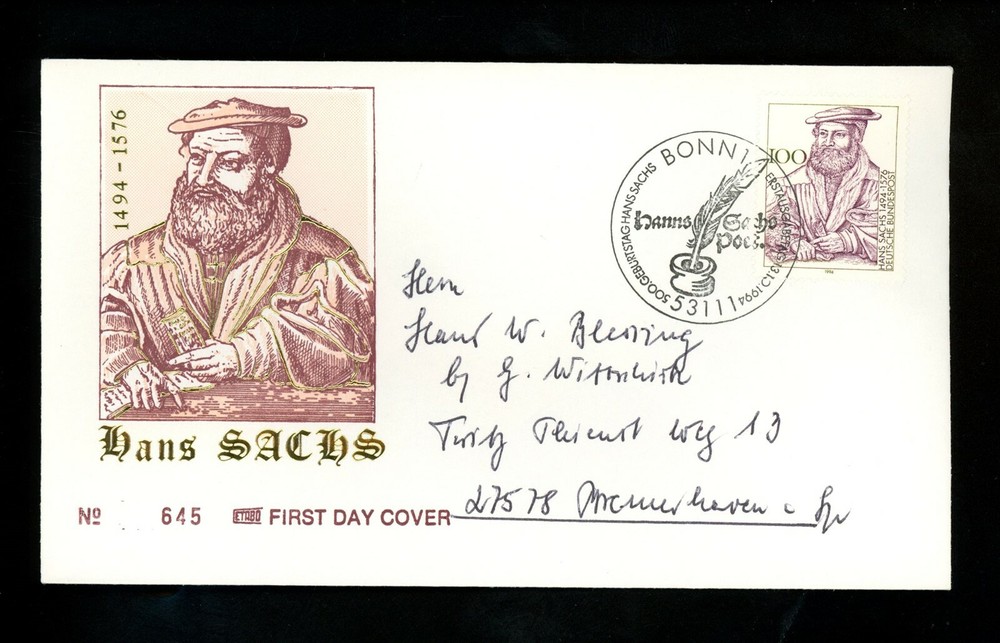 Postal History Germany FDC #1870 Hans Sachs singer poet music 1994