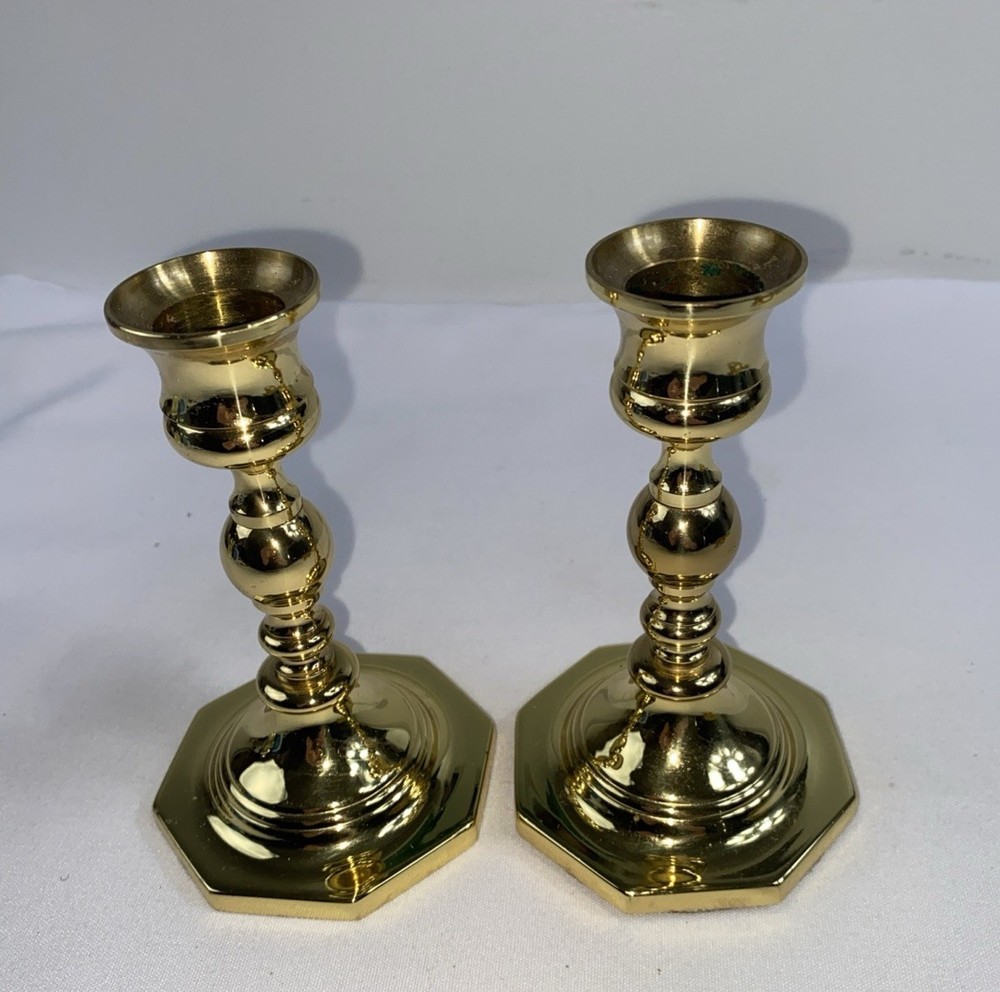 Vintage Baldwin Made In USA 5” Brass Candlesticks Set/2 Octagonal Base