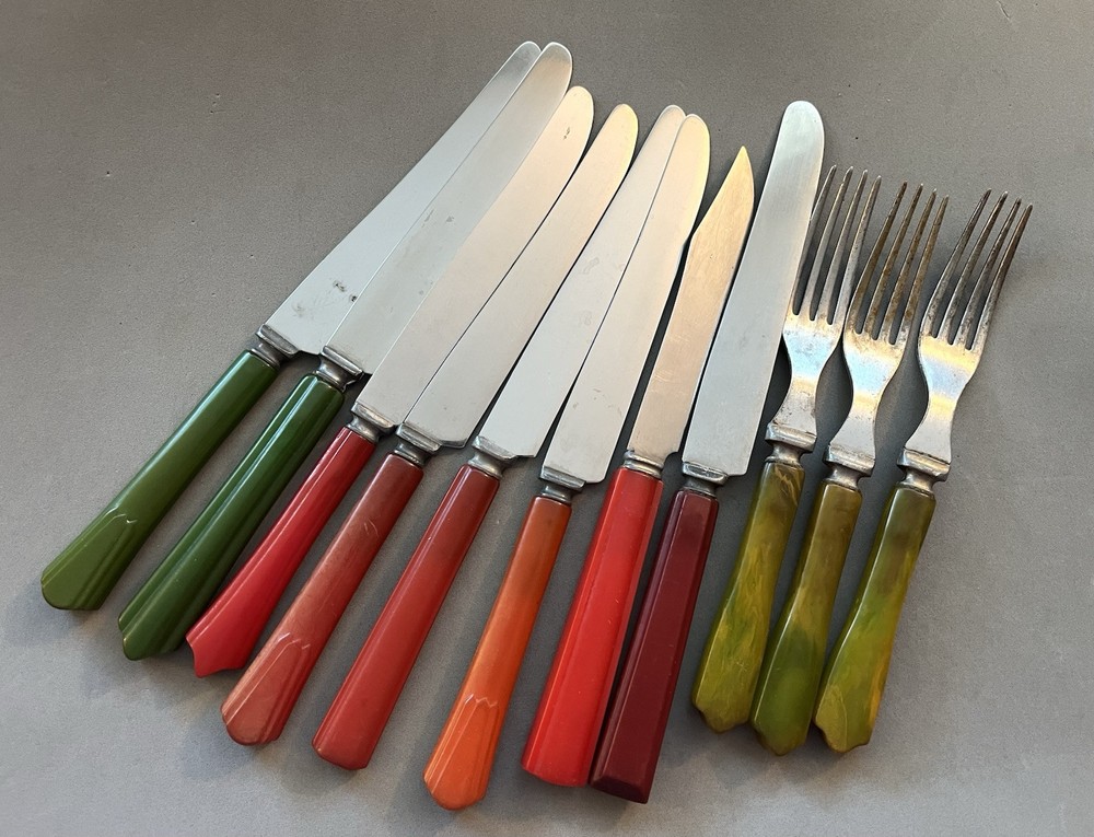 11 x Art Deco STA-BRITE ++ Bakelite Handle Knife & Fork Stainless Steel Flatware