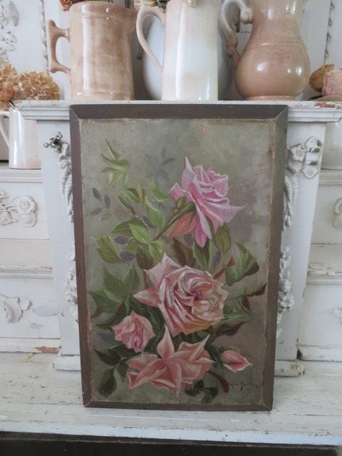 BREATHTAKING Old Antique Rose OIL PAINTING PINK ROSES Late 1800's Vertical