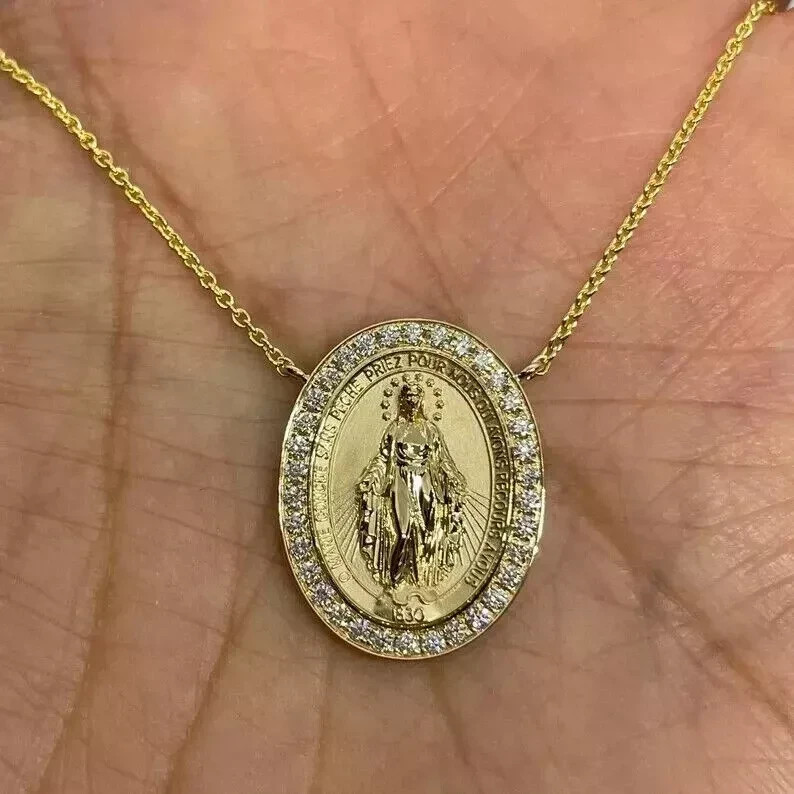 2.00 Ct Round Cut Moissanite Miraculous Medal Pendant 14K Yellow Gold Plated