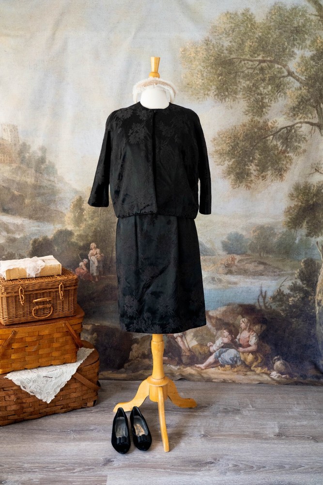 Vintage Late 50s or Early 60s Black Dress and Jacket Set Floral Print Matching