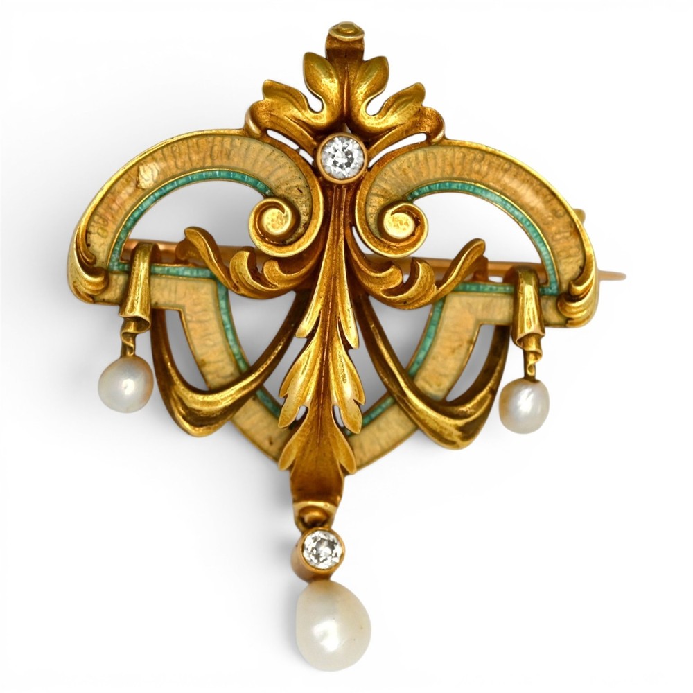 Antique Art Nouveau Henry Blank & Co Enamel Diamond Pearl Brooch 14K Yellow Gold