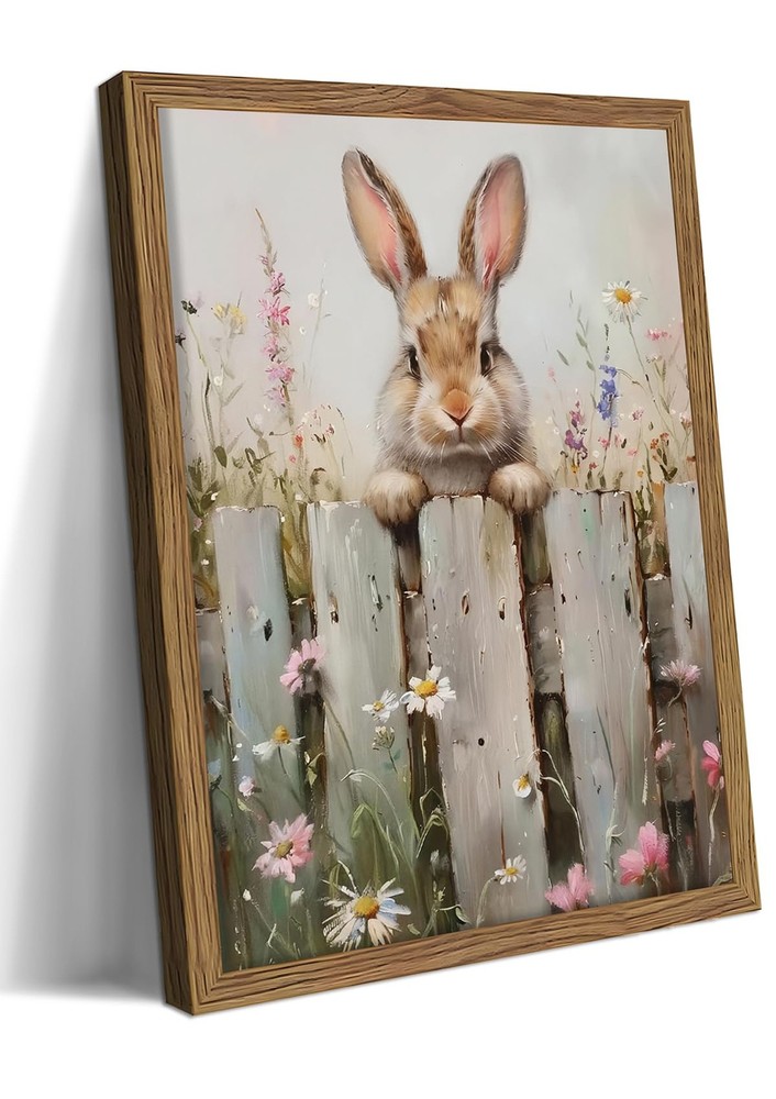 Framed Easter Bunny Wall Art, Cute Rabbit on Wooden Fence Poster Prints, Vint...