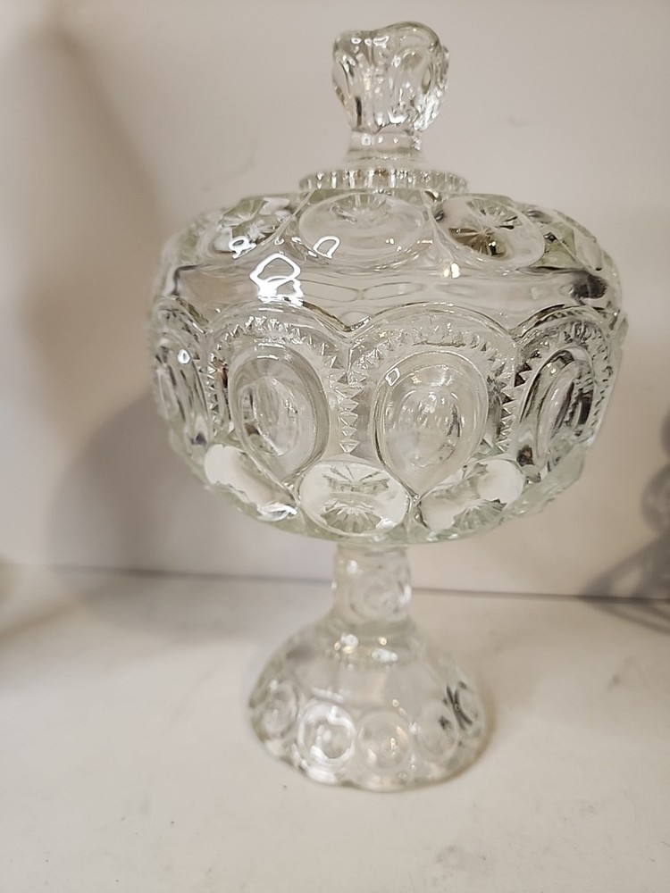 Antique 1888 EAPG Adams Clear Palace Moon & Stars Covered Compote Bowl