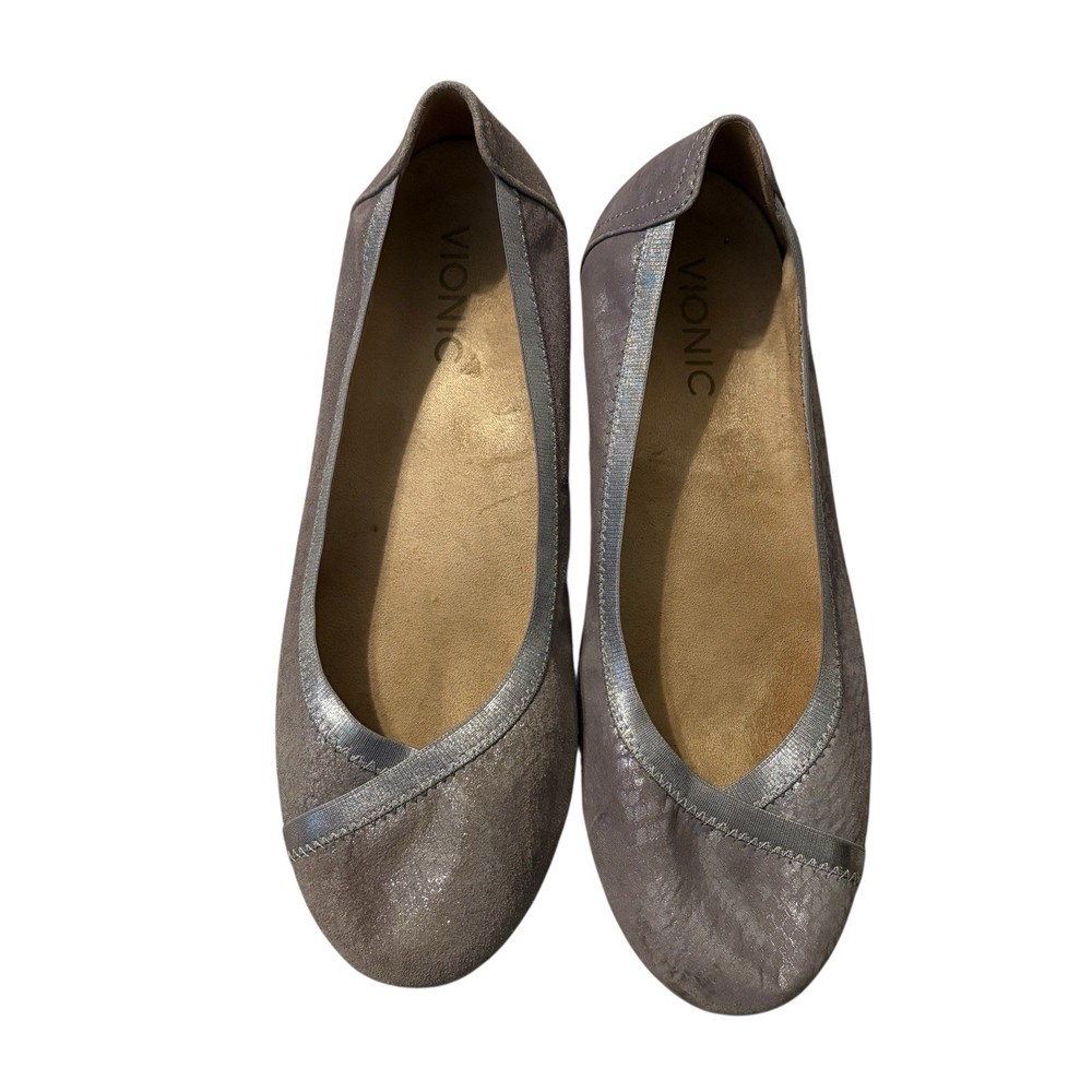Vionic Womens Spark Caroll Pewter Leather Ballet Flats Slip-On Size 7