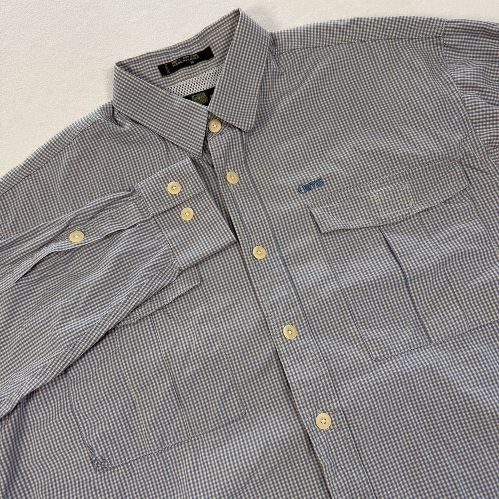 Orvis Mens Medium Blue Check Plaid Long Sleeve Button Up Fishing Shirt Trout Bum