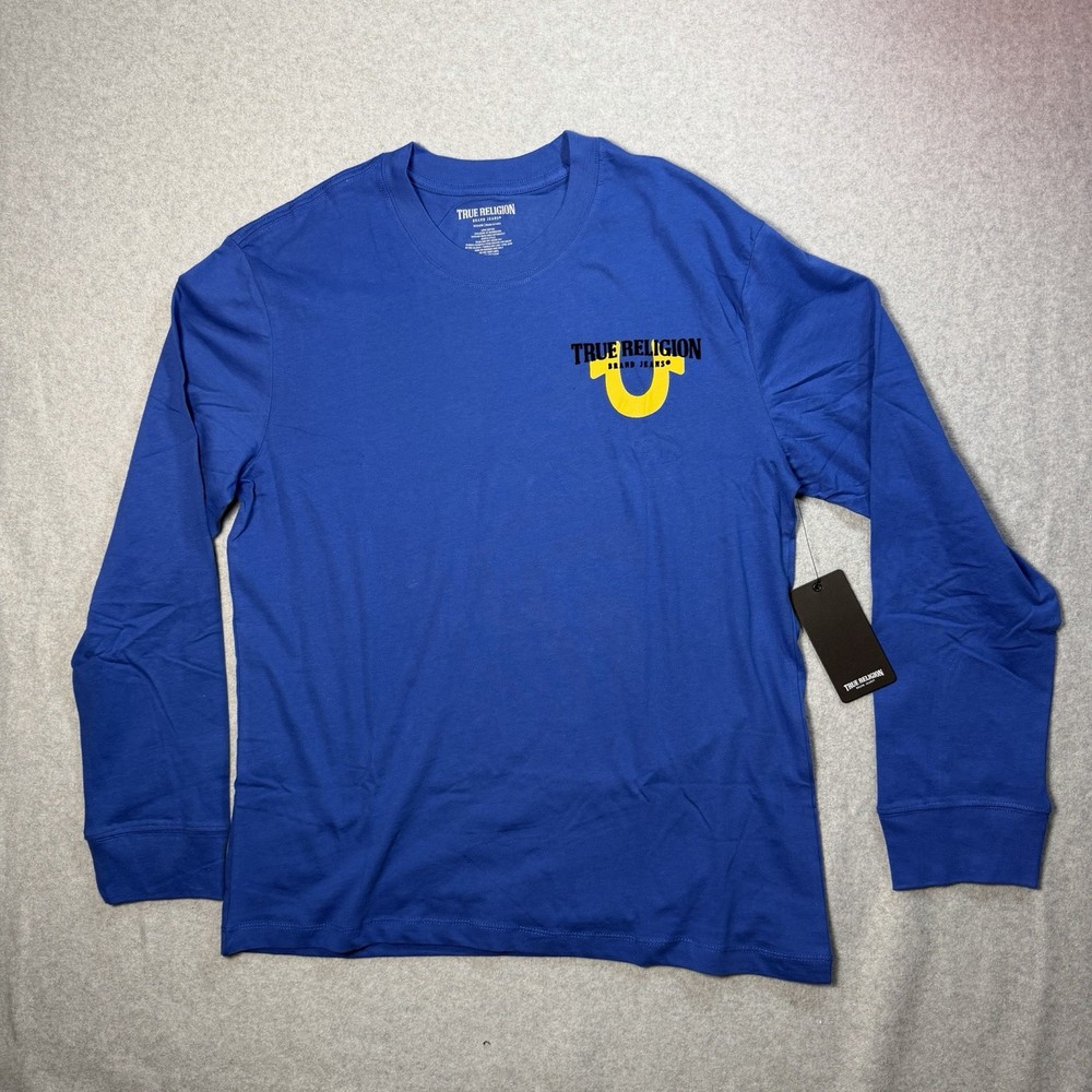 True Religion Men's Long Sleeve T-Shirt Blue Muti Graphic Print Size M Medium