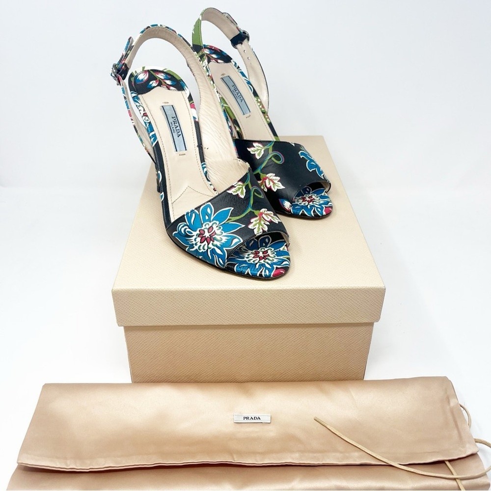 Prada Floral Leather Slingback Heels Women Size 38 EU