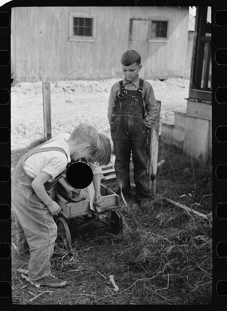Photo:1930s Boys With Toy Wagon Outdoors Black and White Photo