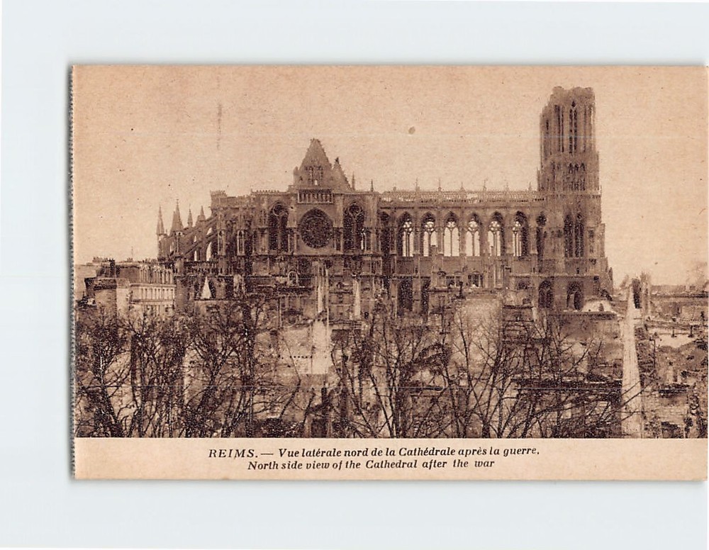 Postcard North side view of Cathedral after three war Reims France